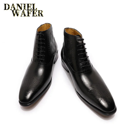 Fashion Brand Ankle Boots Luxury Men's Dress Boots Black Brown Handmade Lace Up Pointed Toe Genuine Leather Basic Formal Shoes