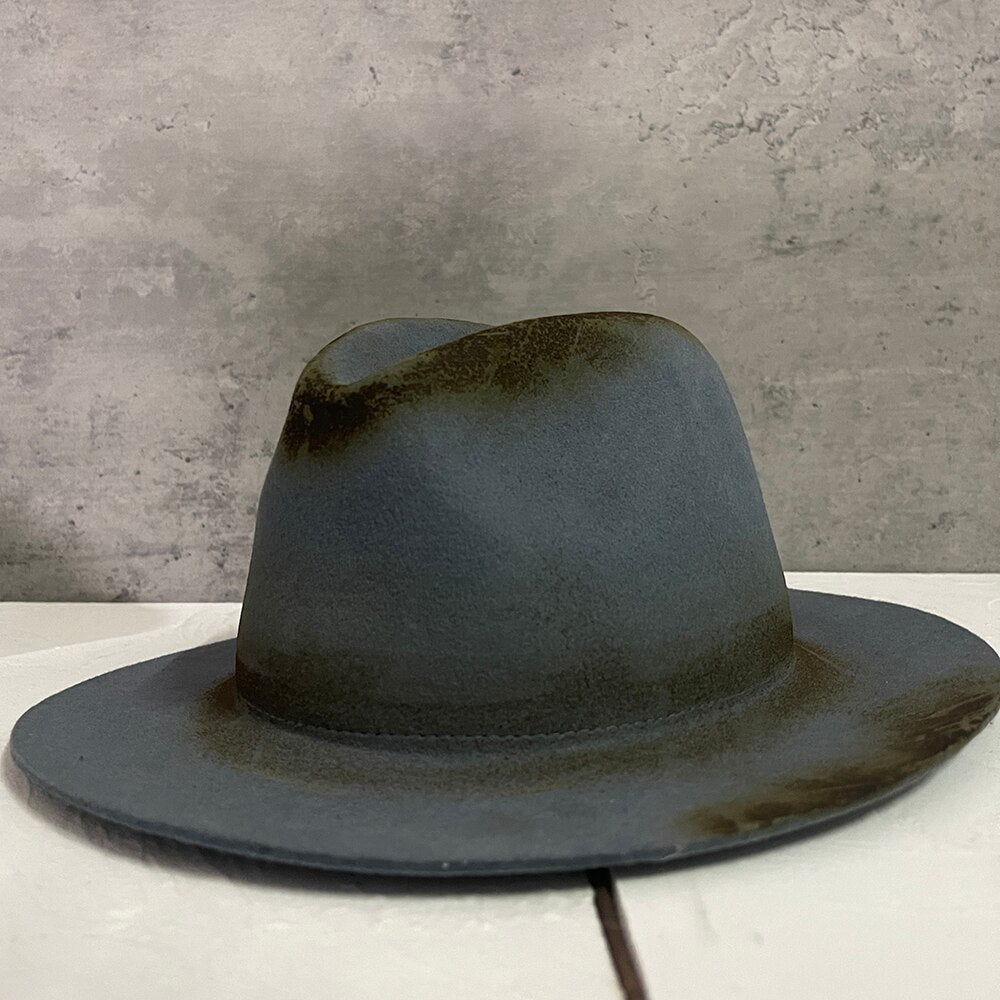 100% Wool Women Men Fedora Hat Retro Fire Old Distressed Wide Brim Jazz Hat Lady Felt Church Hat