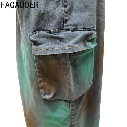 FAGADOER Sexy Off Shoulder Pocket Cargo Denim Dresses Women Button Slit Tie Dye Print Cowboy Tube Dress Fashion Street Vestidos