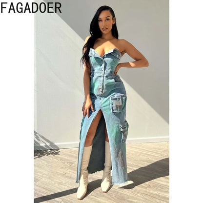 FAGADOER Sexy Off Shoulder Pocket Cargo Denim Dresses Women Button Slit Tie Dye Print Cowboy Tube Dress Fashion Street Vestidos