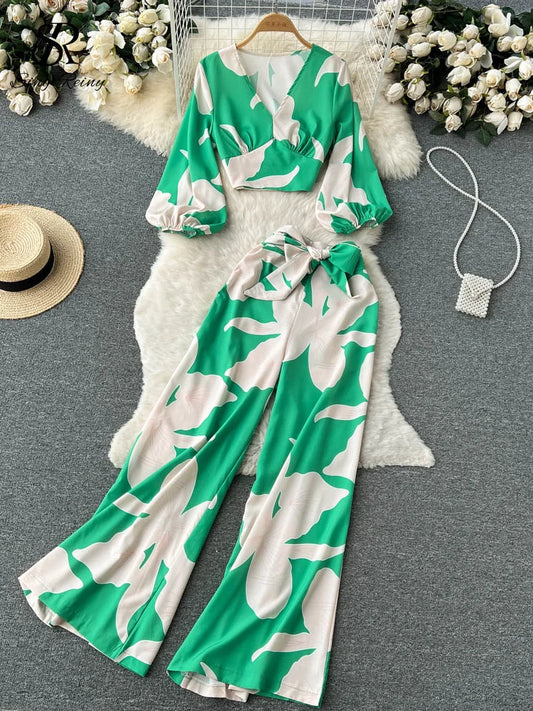 SINGREINY Fashion Autumn Print Sets Female Puff Sleeve Short V Neck Top+Wide Leg Long Pants Streetwear Women Two Pieces Suits