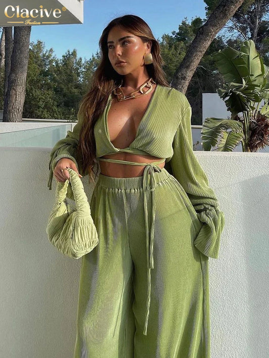 Clacive Sexy Green Pants Set Women Casual Loose Bandage Blouses Shirt Matching Wide Leg Trousers Suit Elegant 2 Piece Pant Set