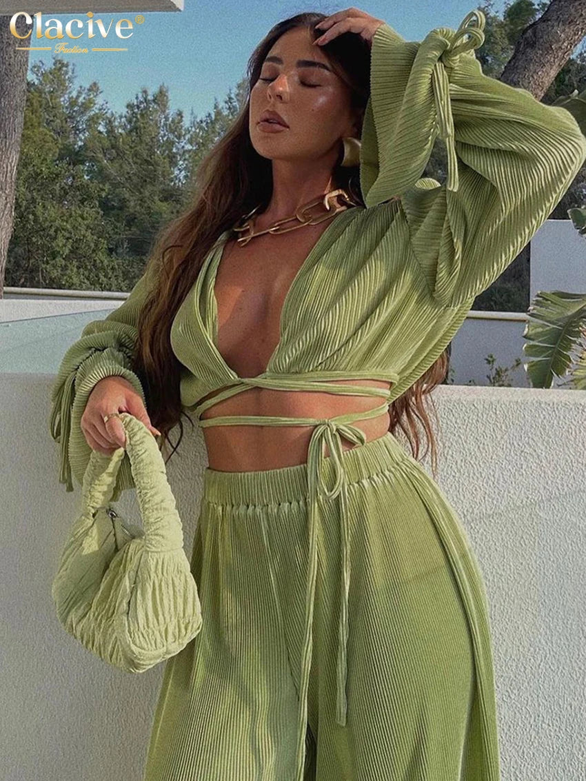 Clacive Sexy Green Pants Set Women Casual Loose Bandage Blouses Shirt Matching Wide Leg Trousers Suit Elegant 2 Piece Pant Set