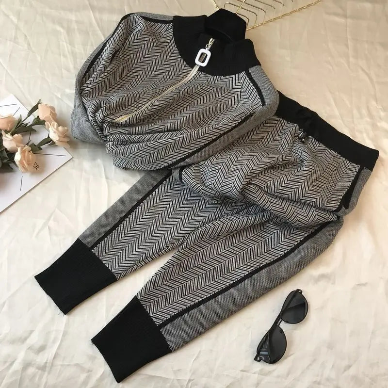 Tracksuit Women Zipper Knitted Cardigans Sweaters + Pants Sets Ladies Fashion  Casual 2 Piece Costumes Outfit Y476