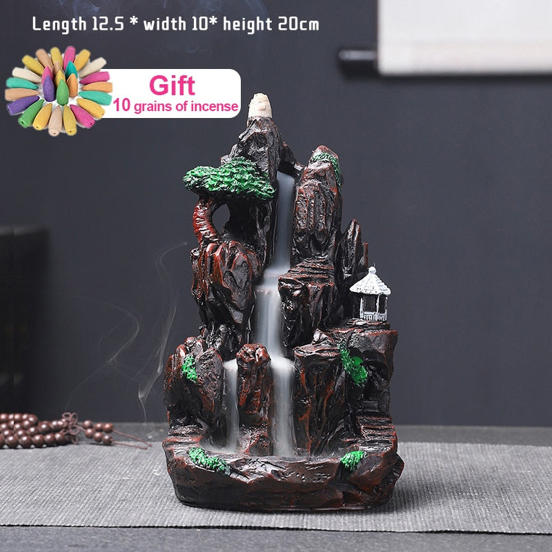 Mountains River Waterfall Incense Burner Fountain Backflow Aroma Smoke Censer Holder Office Home Unique Crafts+100 Incense Cones