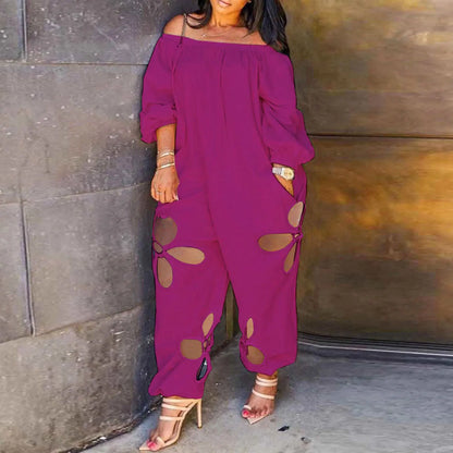 Plus Size Women Jumpsuits Hollow Out One Piece Outfit 2023 Spring Solid Off Shoulder Jumpsuit Lady Wholesale Fashion Loose Pants