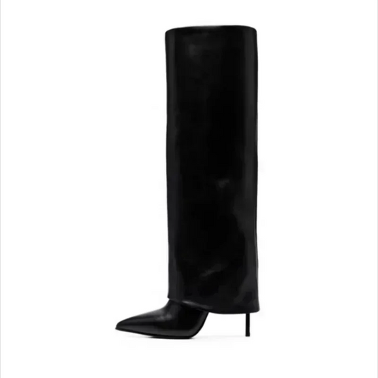 Genuine Leather 2024 New Fashion Pants Knee Boots for Women Classic High Heel Winter Elegant Pointed Toe Big Size Shoes 43 44 45