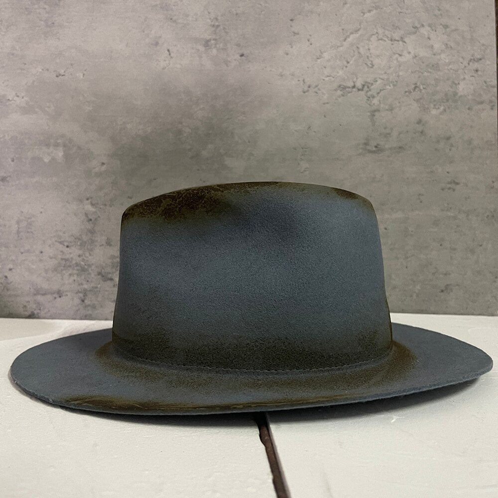 100% Wool Women Men Fedora Hat Retro Fire Old Distressed Wide Brim Jazz Hat Lady Felt Church Hat