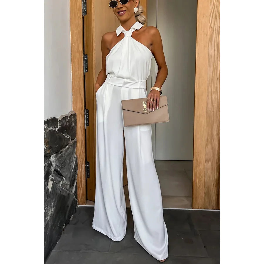 Women Elegant Waist Halter Jumpsuit Casual Tie Sleeveless Wide Leg Long Pant Summer Clothes