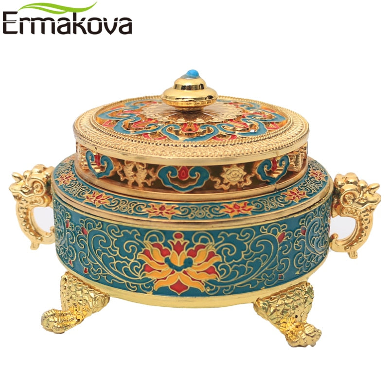 ERMAKOVA Incense Holders Incense Burner Tibetan Style Painted Enamel Zinc Alloy Coil Incense Holder Home Office Decoration Gift