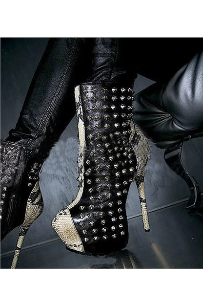 Sexy Women Stage Platform Metal Rivets Studded Snakeskin Patched Ankle Boots Ultra 16cm High Heels Night Club Botine Short Boots