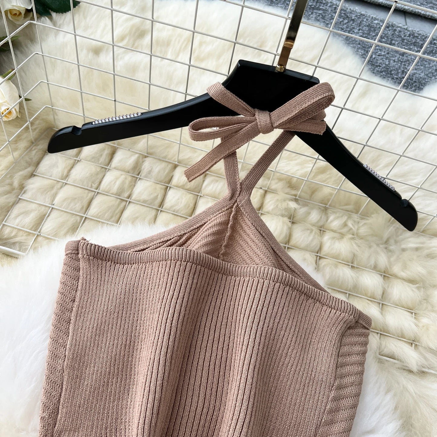 Women Sweet halter CHAIN Two Pieces Sets Crop Top Shirt Elegant Summer split knit Beach Skirt Sets