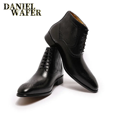 Fashion Brand Ankle Boots Luxury Men's Dress Boots Black Brown Handmade Lace Up Pointed Toe Genuine Leather Basic Formal Shoes