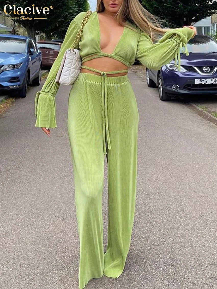 Clacive Sexy Green Pants Set Women Casual Loose Bandage Blouses Shirt Matching Wide Leg Trousers Suit Elegant 2 Piece Pant Set