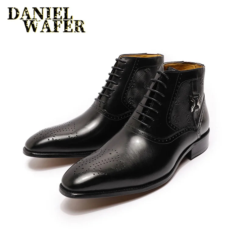 Fashion Brand Ankle Boots Luxury Men's Dress Boots Black Brown Handmade Lace Up Pointed Toe Genuine Leather Basic Formal Shoes