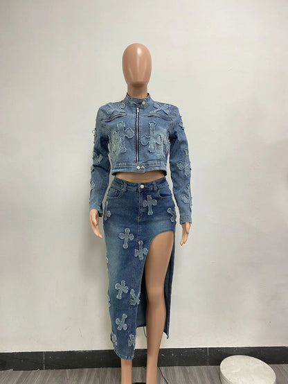 Denim Maxi Dress 2 Piece Skirt Sets Women Sexy Cargo Pocket Dress Y2K Jean Two Piece Sets Outfit Fall Winter Clothes 2023