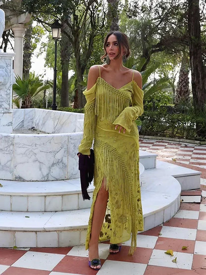 Elegant Tassels Hollow Out Backless Long Dresses Women Irregular Flare Sleeve Patchwork Dresses Female Sexy Split Slim Vestidos