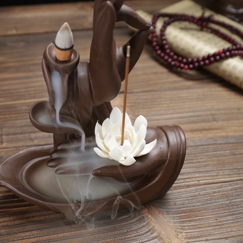 Indoor Desktop Ceramic Feng Shui Crafts Buddha Hand Backflow Incense Burner Zen Garden Decor Incense Holder Smoke Waterfall Gift