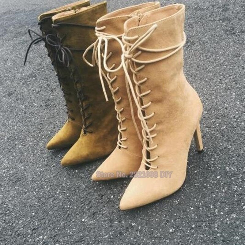 Lace-up mid-calf boots women sexy pointed toe high heel boots celebrity runway gladiator boots