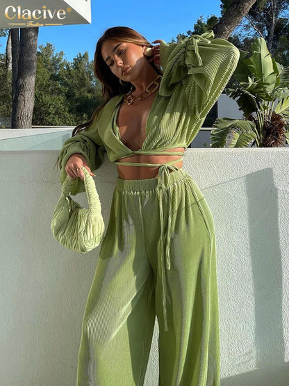 Clacive Sexy Green Pants Set Women Casual Loose Bandage Blouses Shirt Matching Wide Leg Trousers Suit Elegant 2 Piece Pant Set