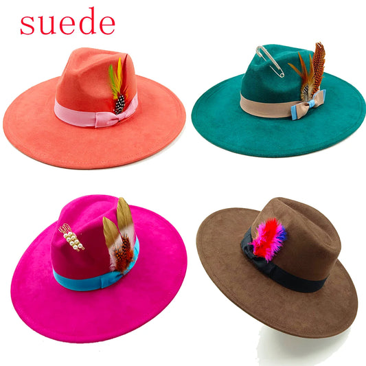 Suede fedora hat heart top 9.5cm brim feather accessories wide brim jazz hat men and women panama hat  sombrero mujer gorras