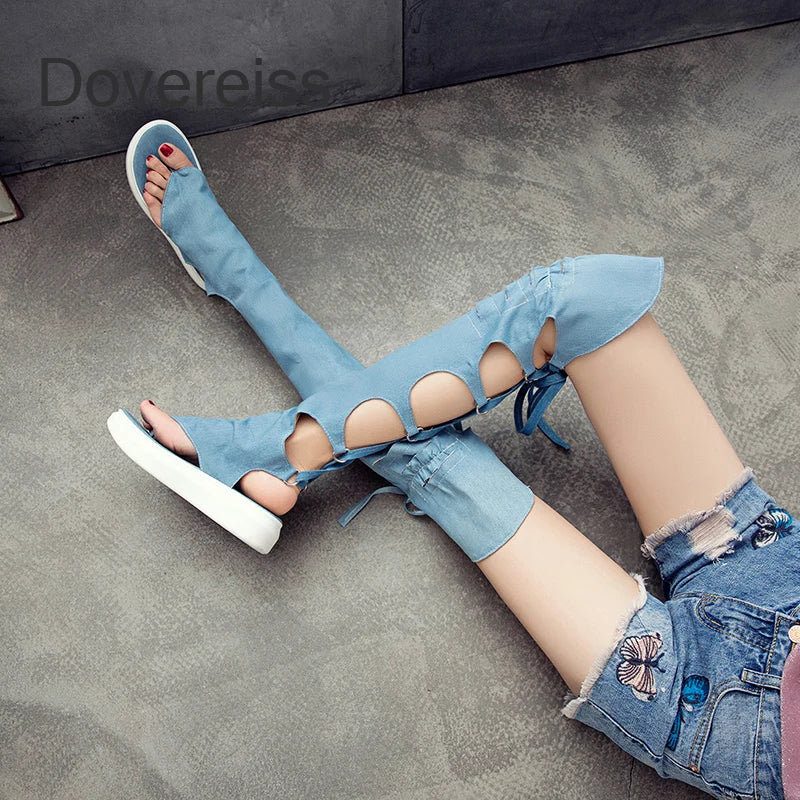 Summer Women Sandals Cowboy Boots Fashion Sexy New Blue Flats Sandals Cross Tied Waterproof Over The Knee Boots  Big Size 42 43