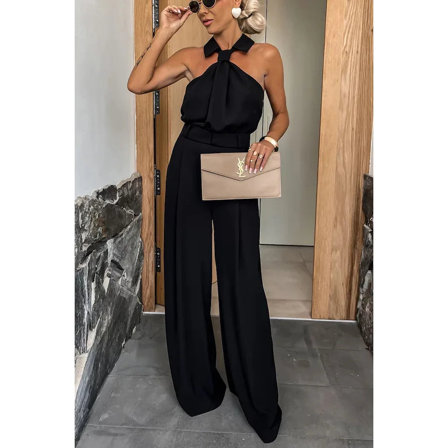 Women Elegant Waist Halter Jumpsuit Casual Tie Sleeveless Wide Leg Long Pant Summer Clothes