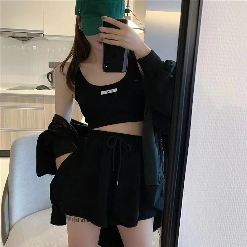 Casual Shorts Three 3 Piece Sets Women Vest Drawstring Shorts Hooded Zipper Jacket Sportswear Suits Female Solid Sports Hoodie