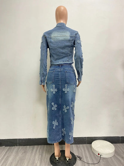 Denim Maxi Dress 2 Piece Skirt Sets Women Sexy Cargo Pocket Dress Y2K Jean Two Piece Sets Outfit Fall Winter Clothes 2023