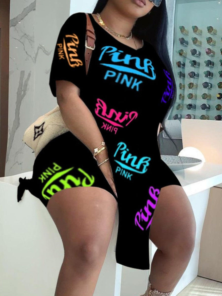 LW Plus Size Shorts Set Pink Letter Print Split Street Drop Shoulder Regular Short SleeveV Neck Stretchy Matching Outfits