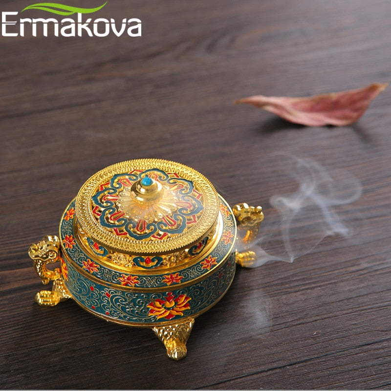 ERMAKOVA Incense Holders Incense Burner Tibetan Style Painted Enamel Zinc Alloy Coil Incense Holder Home Office Decoration Gift