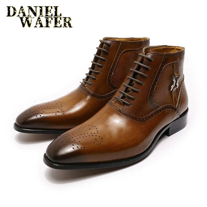 Fashion Brand Ankle Boots Luxury Men's Dress Boots Black Brown Handmade Lace Up Pointed Toe Genuine Leather Basic Formal Shoes