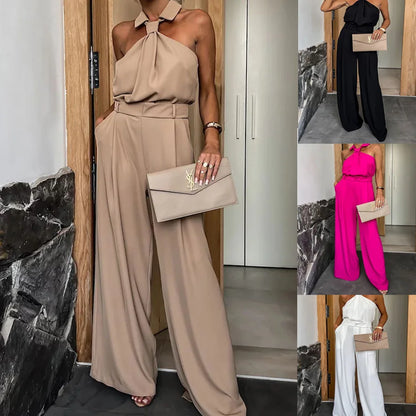 Women Elegant Waist Halter Jumpsuit Casual Tie Sleeveless Wide Leg Long Pant Summer Clothes