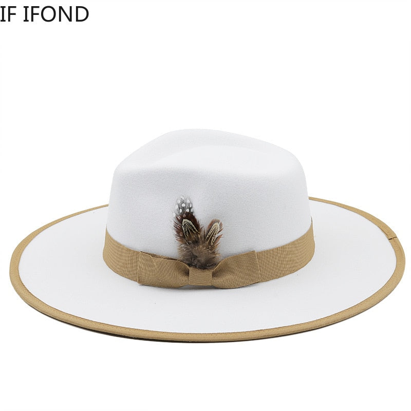 2022 New Feather band Felt Fedora Hats for Women Wide Brim Men Formal Jazz Hats Panama Church Wedding Dress Hat chapeu feminino