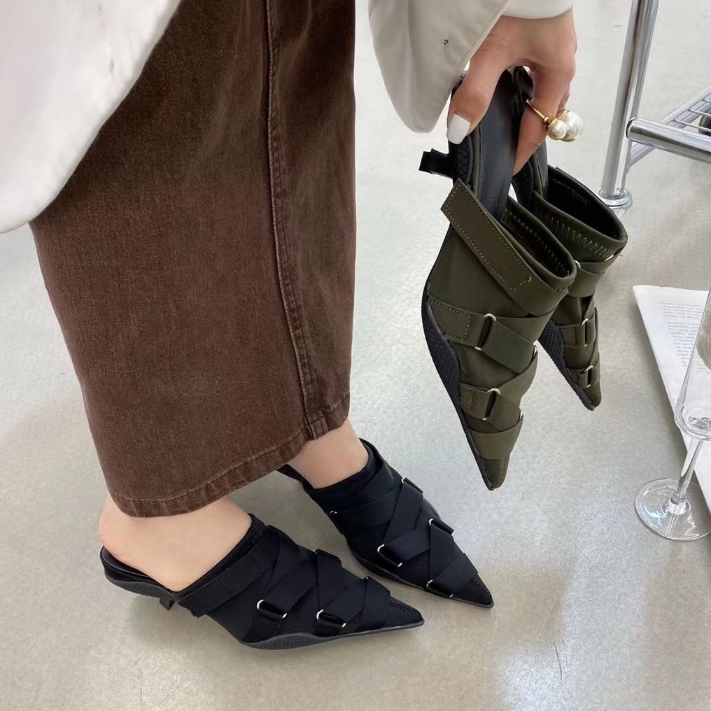 Pointed Toe Women Slippers Belt Buckle Dress Sandals Slides 2023 New Arrivals Casual Slides Mules Shoes Thin Mid Heels Black