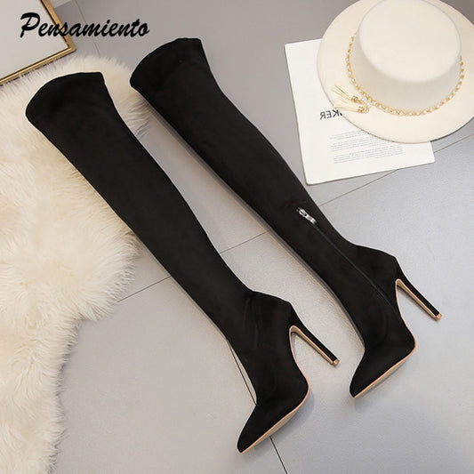 2020 Faux suede Super High heels Women thigh high boots Elegant thin heeled Stretch Over the knee boots Autumn Winter Long boots