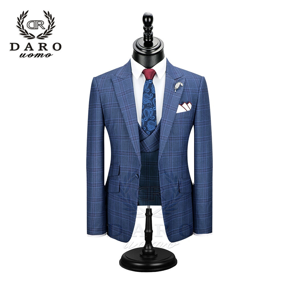 DARO 2022 New Men Suit 3 Pieces Fashion Plaid Suit  Slim Fit  blue purple  Wedding Dress  Suits Blazer Pant and Vest DR8193