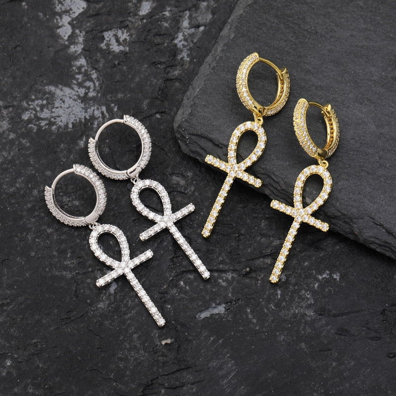 TOPGRILLZ Iced Zircon Ankh Cross Earring Gold Silver Color Micro Paved AAA Bling CZ Stone Earrings For Man Women Hip Hop Jewelry