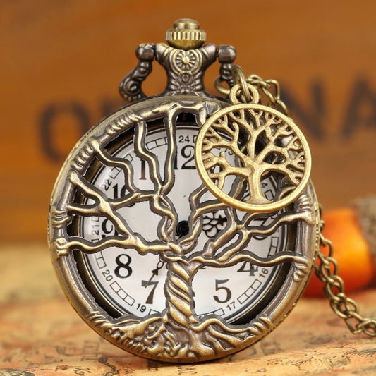 Hollow Life Tree Quartz Pocket Watch Immortal Necklace Chain Bronze Design Pendant Clock Old Vintage Fob reloj + Tree Accessory