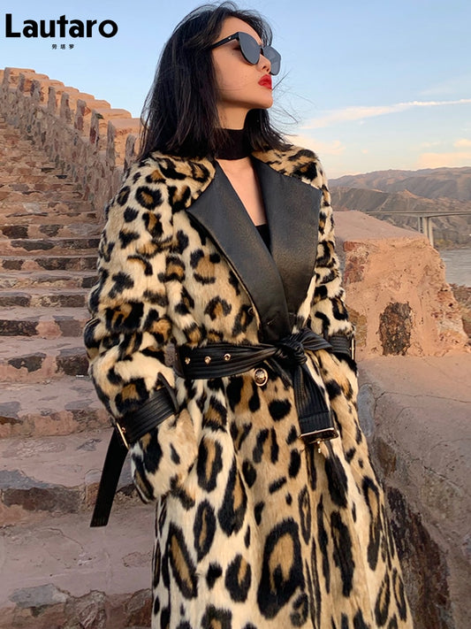 Lautaro Winter Long Leopard Print Warm Fluffy Faux Fur Trench Coat for Women Long Sleeve Double Breasted European Fashion