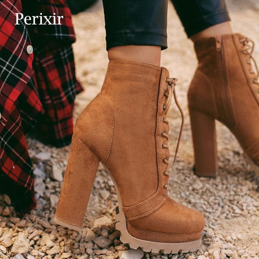 Perixir Boots-women Autumn Winter Footwear 2020 New Ankle Boots High Heels Faux Suede Platform Feminine Shoes Women&#39;s Booties