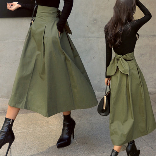 Shintimes Skirts Womens 2022 Korean Fashion Solid Color Big Swing Women Skirt Long Skirt Autumn Wild High Waist Bow Slim Skirts