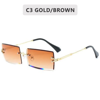 Fashion Rimless Sunglasses Women Trendy Small Rectangle Sun Glasses Summer Traveling Style UV400 Gold Brown Shades for men