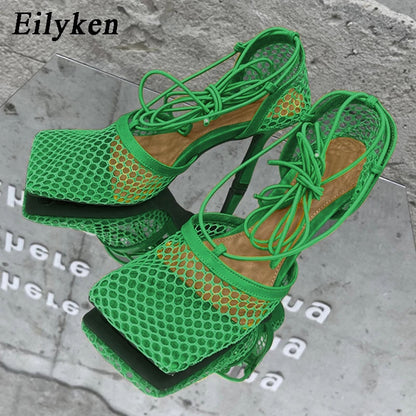 Eilyken 2023 New Sexy Mesh Pumps Sandals Female Square Toe High Heel Lace Up Cross-Tied Stiletto Hollow Dress Shoes