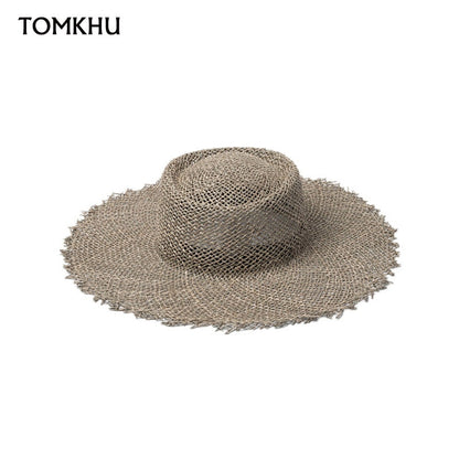 New Women Fray Woven Seagrass Boater Hat Casual Sun Beach Caps Wide Brim Summer Hat Unisex Straw Hats for Kentucky Derby Travel