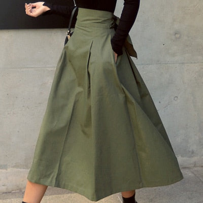 Shintimes Skirts Womens 2022 Korean Fashion Solid Color Big Swing Women Skirt Long Skirt Autumn Wild High Waist Bow Slim Skirts