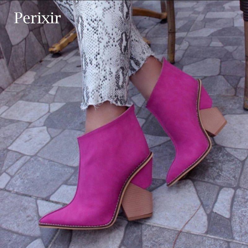 Perixir Ankle Boots Women Thick High Heels Pointed Toe Western Cowboy Boots Female Black Blue Leather Shoes for Lady 2020 Autumn