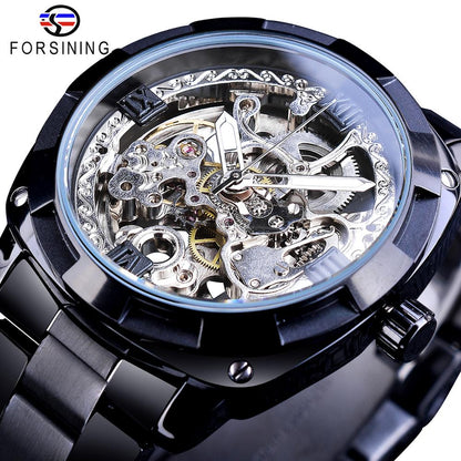 Forsining Silver Watches Folding Clasp with Safety Men&#39;s Automatic Watches Top Brand Luxury Transparent Watches Luminous Hands