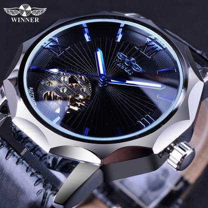 Winner Blue Ocean Geometry Design Transparent Skeleton Dial Mens Watch Top Brand Luxury Automatic Fashion Mechanical Watch Clock