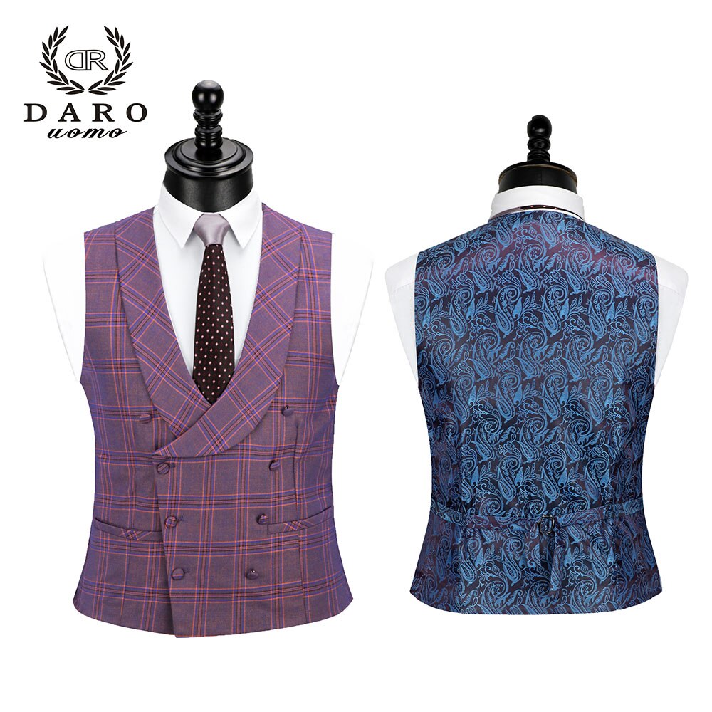 DARO 2022 New Men Suit 3 Pieces Fashion Plaid Suit  Slim Fit  blue purple  Wedding Dress  Suits Blazer Pant and Vest DR8193